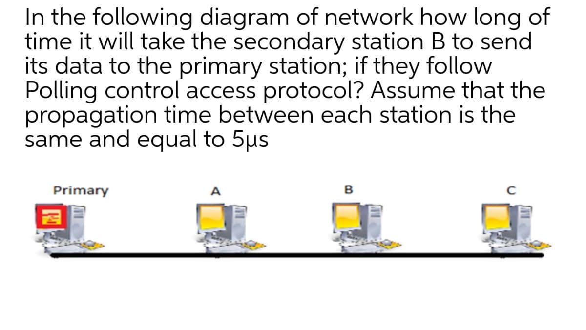 In the following diagram of network how long of
time it will take the secondary station B to send
its data to the primary station; if they follow
Polling control access protocol? Assume that the
propagation time between each station is the
same and equal to 5us
Primary
A
B
