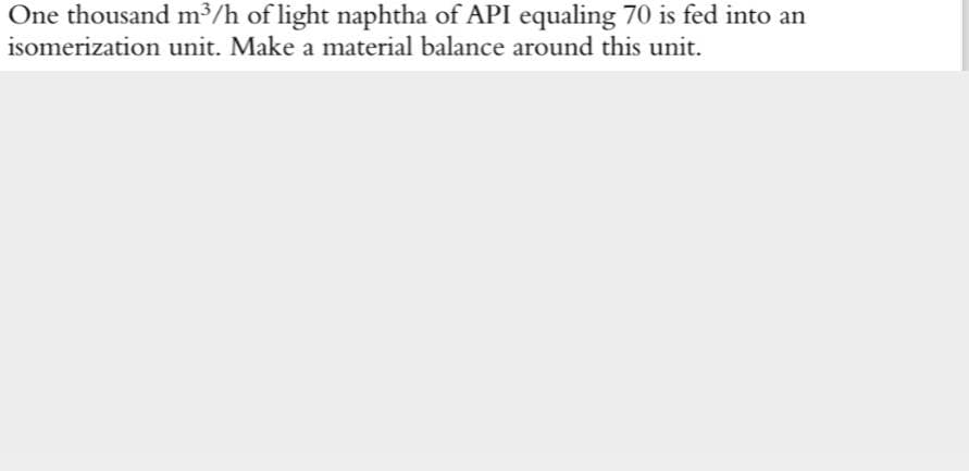 One thousand m³/h of light naphtha of API equaling 70 is fed into an
isomerization unit. Make a material balance around this unit.