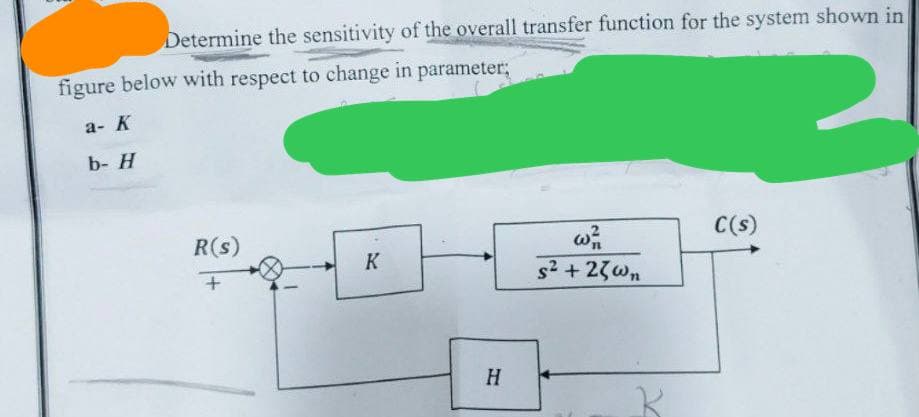 Determine the sensitivity of the overall transfer function for the system shown in
figure below with respect to change in parameter;
a- K
b- H
C(s)
R(s)
+
w
K
s² + 23wn
H
K