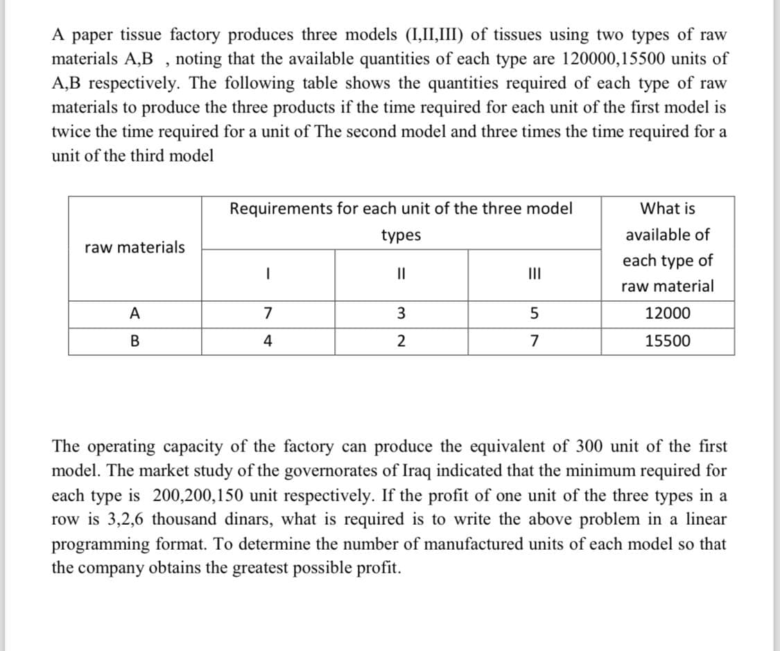 A paper tissue factory produces three models (I,II,III) of tissues using two types of raw
materials A,B, noting that the available quantities of each type are 120000,15500 units of
A,B respectively. The following table shows the quantities required of each type of raw
materials to produce the three products if the time required for each unit of the first model is
twice the time required for a unit of The second model and three times the time required for a
unit of the third model
Requirements for each unit of the three model
types
What is
available of
raw materials
each type of
|
||
III
raw material
A
7
3
5
12000
B
4
2
7
15500
The operating capacity of the factory can produce the equivalent of 300 unit of the first
model. The market study of the governorates of Iraq indicated that the minimum required for
each type is 200,200,150 unit respectively. If the profit of one unit of the three types in a
row is 3,2,6 thousand dinars, what is required is to write the above problem in a linear
programming format. To determine the number of manufactured units of each model so that
the company obtains the greatest possible profit.