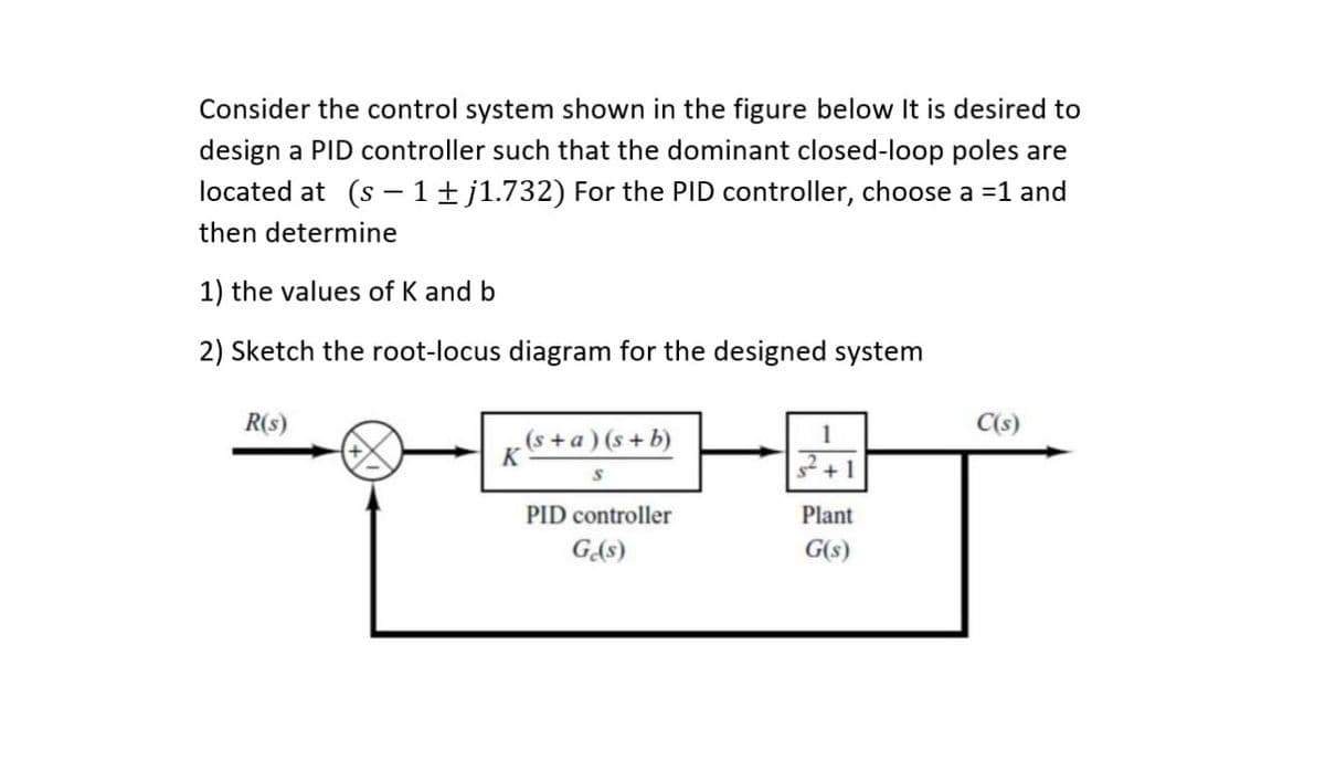 Consider the control system shown in the figure below It is desired to
design a PID controller such that the dominant closed-loop poles are
located at (s-1 ± j1.732) For the PID controller, choose a =1 and
then determine
1) the values of K and b
2) Sketch the root-locus diagram for the designed system
R(s)
(s+a)(s+b)
1
K
S
s²+1
PID controller
Plant
Ge(s)
G(s)
C(s)