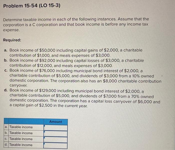 Problem 15-54 (LO 15-3)
Determine taxable income in each of the following instances. Assume that the
corporation is a C corporation and that book income is before any income tax
expense.
Required:
a. Book income of $50,000 including capital gains of $2,000, a charitable
contribution of $1,000, and meals expenses of $3,000.
b. Book income of $92,000 including capital losses of $3,000, a charitable
contribution of $12,000, and meals expenses of $3,000.
c. Book income of $76,000 including municipal bond interest of $2,000, a
charitable contribution of $5,000, and dividends of $3,000 from a 10% owned
domestic corporation. The corporation also has an $8,000 charitable contribution
carryover.
d. Book income of $129,000 including municipal bond interest of $2,000, a
charitable contribution of $5,000, and dividends of $7,000 from a 70% owned
domestic corporation. The corporation has a capital loss carryover of $6,000 and
a capital gain of $2,500 in the current year.
a. Taxable income
b. Taxable income
c. Taxable income
d. Taxable income
Amount