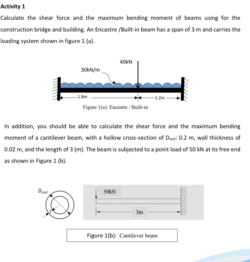 Activity 1
Calculate the shear force and the maximum bending moment of beams using for the
construction bridge and building. An Encastre /Built-in beam has a span of 3 m and carries the
loading system shown in figure 1 (a).
40KN
30kN/m
1.8m
-1.2m
Figure 1(a): Encastre / Built-in
In addition, you should be able to calculate the shear force and the maximum bending
moment of a cantilever beam, with a hollow cross-section of Dout: 0.2 m, wall thickness of
0.02 m, and the length of 3 (m). The beam is subjected to a point load of 50 kN at its free end
as shown in Figure 1 (b).
Dout
50KN
3m
Figure 1(b): Cantilever beam
