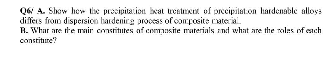Q6/ A. Show how the precipitation heat treatment of precipitation hardenable alloys
differs from dispersion hardening process of composite material.
B. What are the main constitutes of composite materials and what are the roles of each
constitute?