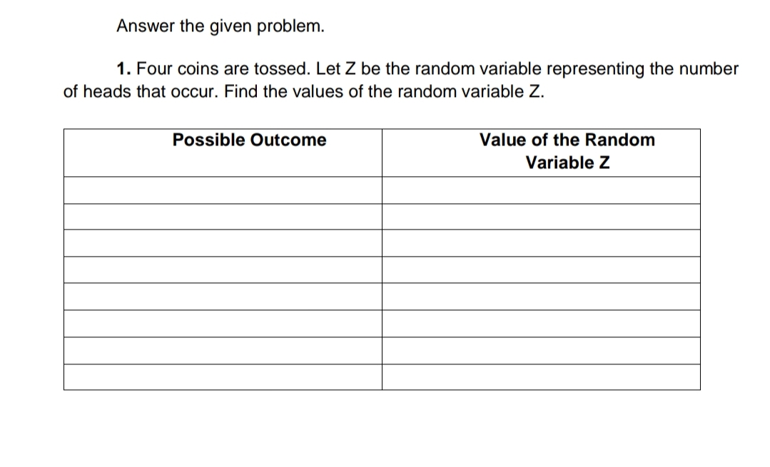 Answer the given problem.
1. Four coins are tossed. Let Z be the random variable representing the number
of heads that occur. Find the values of the random variable Z.
Possible Outcome
Value of the Random
Variable Z
