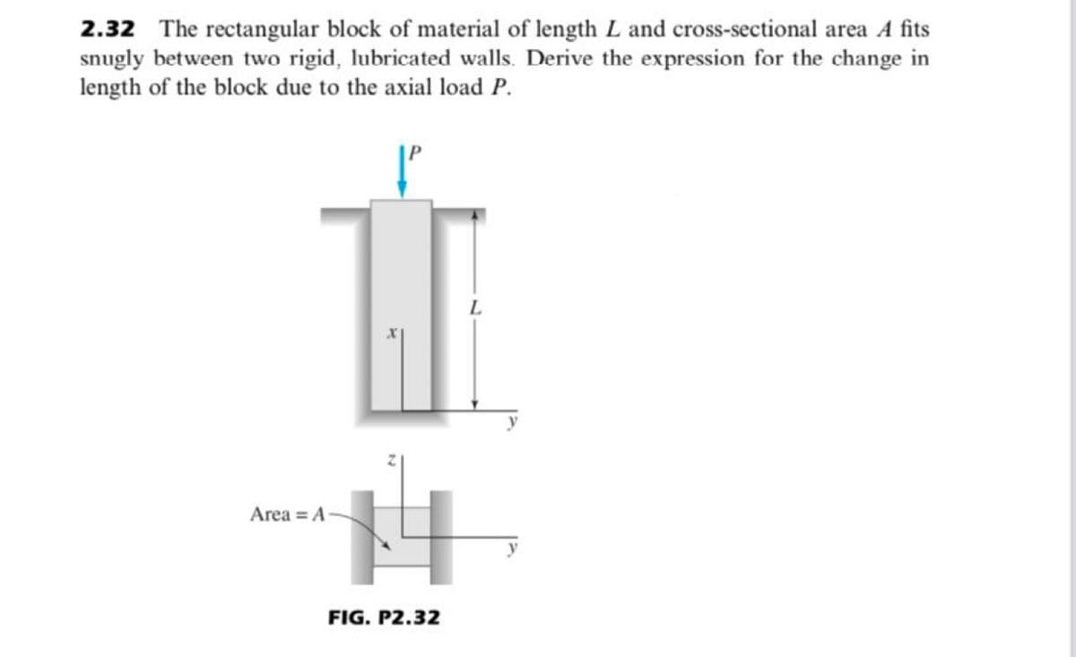 2.32 The rectangular block of material of length L and cross-sectional area A fits
snugly between two rigid, lubricated walls. Derive the expression for the change in
length of the block due to the axial load P.
Area = A
y
FIG. P2.32
