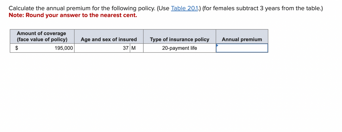 Calculate the annual premium for the following policy. (Use Table 20.1.) (for females subtract 3 years from the table.)
Note: Round your answer to the nearest cent.
Amount of coverage
(face value of policy)
195,000
Age and sex of insured
37 M
Type of insurance policy Annual premium
20-payment life