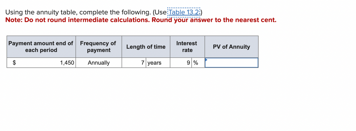Using the annuity table, complete the following. (Use Table 13.2;)
Note: Do not round intermediate calculations. Round your answer to the nearest cent.
Payment amount end of Frequency of
each period
payment
Annually
1,450
Length of time
7 years
Interest
rate
9%
PV of Annuity