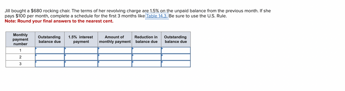 Jill bought a $680 rocking chair. The terms of her revolving charge are 1.5% on the unpaid balance from the previous month. If she
pays $100 per month, complete a schedule for the first 3 months like: Table 14.3. Be sure to use the U.S. Rule.
Note: Round your final answers to the nearest cent.
Monthly
payment
number
1
2
3
Outstanding 1.5% interest
balance due
payment
Amount of
monthly payment
Reduction in
balance due
Outstanding
balance due