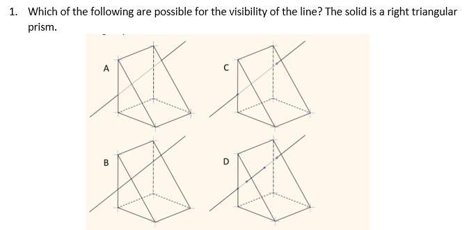 1. Which of the following are possible for the visibility of the line? The solid is a right triangular
prism.
A
