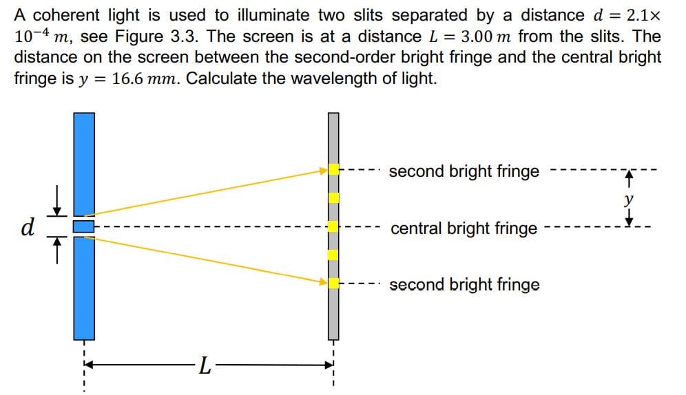 A coherent light is used to illuminate two slits separated by a distance d = 2.1x
10-4 m, see Figure 3.3. The screen is at a distance L = 3.00 m from the slits. The
distance on the screen between the second-order bright fringe and the central bright
fringe is y = 16.6 mm. Calculate the wavelength of light.
second bright fringe
d
central bright fringe
second bright fringe
L.
