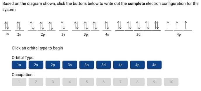 Based on the diagram shown, click the buttons below to write out the complete electron configuration for the
system.
N N
1s
N IN N N N
2s
2p
35
Click an orbital type to begin
Orbital Type:
1s
2s
Occupation:
2
N N N N N N N IN N N 111
3р
45
3d
4p
2p
3
3s
3p
5
3d
4s
7
4p
8
4d
10