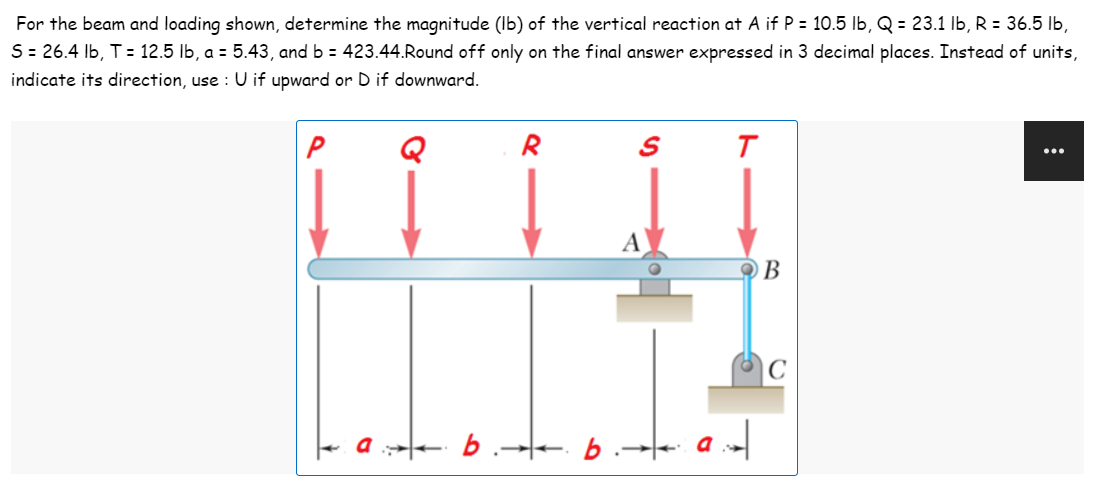 For the beam and loading shown, determine the magnitude (Ib) of the vertical reaction at A if P = 10.5 Ib, Q = 23.1 lb, R = 36.5 lb,
S= 26.4 Ib, T= 12.5 lb, a = 5.43, and b = 423.44.Round off only on the final answer expressed in 3 decimal places. Instead of units,
indicate its direction, use : U if upward or D if downward.
P
Q
R
...
OB
- b.-e. b.-→- a -
