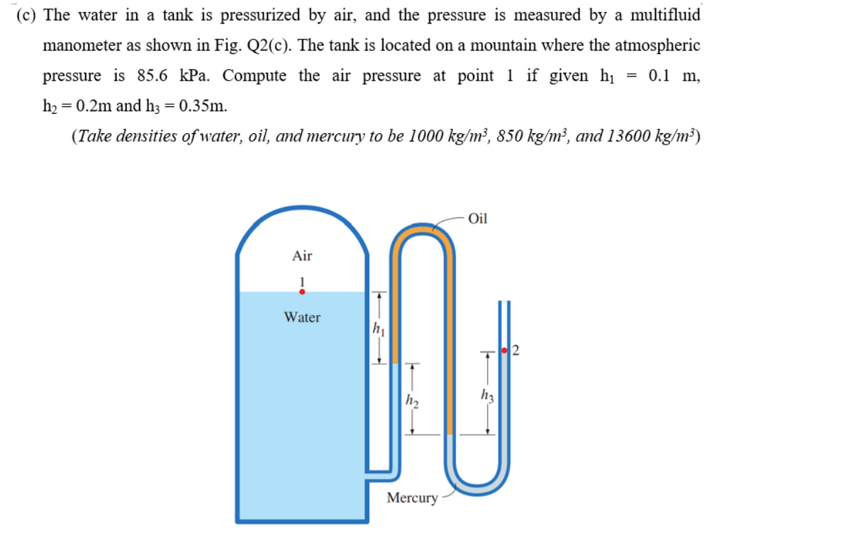 (c) The water in a tank is pressurized by air, and the pressure is measured by a multifluid
manometer as shown in Fig. Q2(c). The tank is located on a mountain where the atmospheric
pressure is 85.6 kPa. Compute the air pressure at point 1 if given hi
0.1 m,
hɔ
= 0.2m and h3 = 0.35m.
(Take densities of water, oil, and mercury to be 1000 kg/m², 850 kg/m², and 13600 kg/m³)
Oil
Air
Water
h2
h3
Mercury
