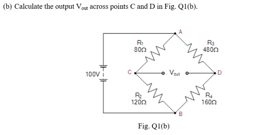 (b) Calculate the output Vout across points C and D in Fig. Q1(b).
R1
802
R3
4802
100V i
Vout
D
R2
1202
R4
1602
Fig. Q1(b)
