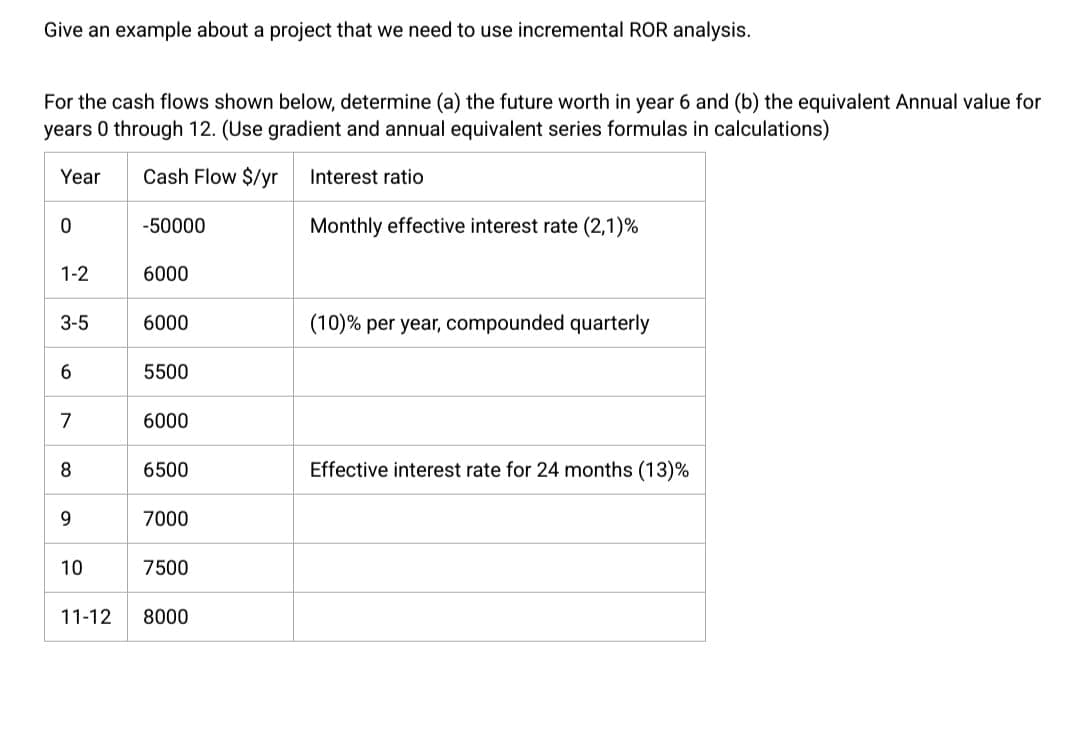 Give an example about a project that we need to use incremental ROR analysis.
For the cash flows shown below, determine (a) the future worth in year 6 and (b) the equivalent Annual value for
years 0 through 12. (Use gradient and annual equivalent series formulas in calculations)
Cash Flow $/yr
Year
0
1-2
3-5
6
7
8
9
10
11-12
-50000
6000
6000
5500
6000
6500
7000
7500
8000
Interest ratio
Monthly effective interest rate (2,1)%
(10)% per year, compounded quarterly
Effective interest rate for 24 months (13)%