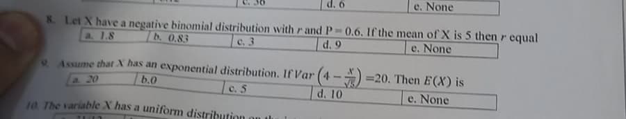 d. 6
e. None
8. Let X have a negative binomial distribution with r and P-0.6. If the mean of X is 5 then r equal
a. 1.8
b. 0.83
c. 3
d. 9
e. None
10. The variable X has a uniform distribution on th
2113
Assume that X has an exponential distribution. If Var (4-)=20. Then E(X) is
b.0
a. 20
0.5
d. 10
e. None