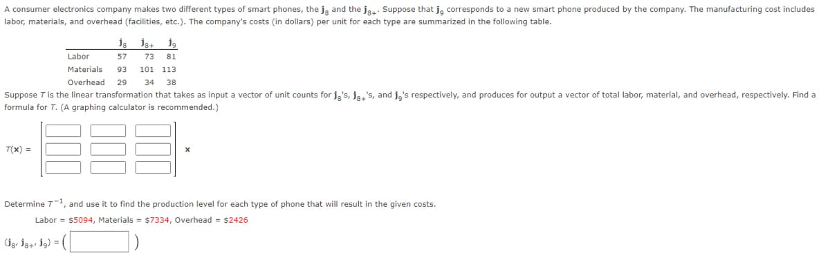 A consumer electronics company makes two different types of smart phones, the ja and the j8+ Suppose that j, corresponds to a new smart phone produced by the company. The manufacturing cost includes
labor, materials, and overhead (facilities, etc.). The company's costs (in dollars) per unit for each type are summarized in the following table.
js J8+
57 73 81
Labor
Materials 93 101 113
Overhead 29 34 38
Suppose T is the linear transformation that takes as input a vector of unit counts for jg's, jg+'s, and jo's respectively, and produces for output a vector of total labor, material, and overhead, respectively. Find a
formula for T. (A graphing calculator is recommended.)
T(x) =
ول
Determine 7-1, and use it to find the production level for each type of phone that will result in the given costs.
Labor = $5094, Materials = $7334, Overhead = $2426
(jg j8+ jg) = |