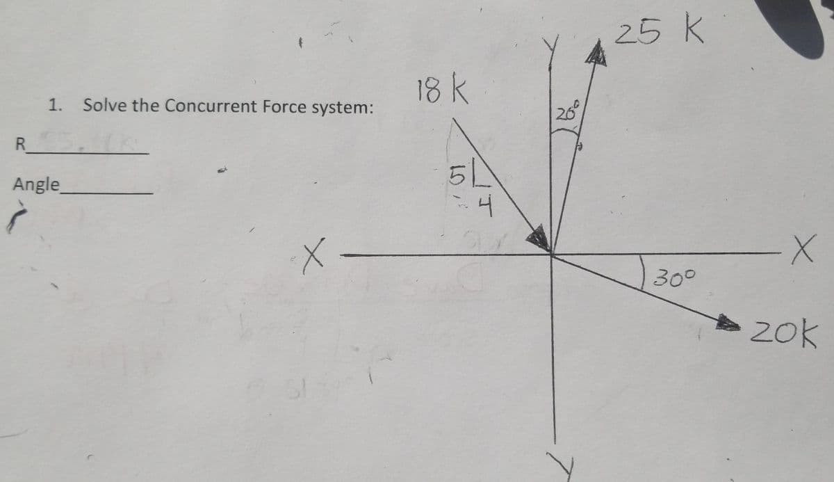 25 K
18 k
1. Solve the Concurrent Force system:
260
R.
Angle
5L
니
30°
2ok
