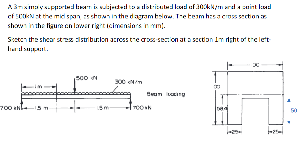 A 3m simply supported beam is subjected to a distributed load of 300KN/m and a point load
of 500kN at the mid span, as shown in the diagram below. The beam has a cross section as
shown in the figure on lower right (dimensions in mm).
Sketch the shear stress distribution across the cross-section at a section 1m right of the left-
hand support.
100
500 kN
300 kN/m
100
Beam loading
700 kNI 1.5 m.
-1.5m
| 700 KN
| 584
50
-25-
-25-1
