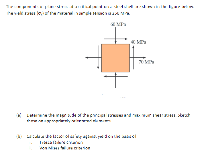 The components of plane stress at a critical point on a steel shell are shown in the figure below.
The yield stress (Gy) of the material in simple tension is 250 MPa.
60 MPa
40 MPa
70 MPa
(a) Determine the magnitude of the principal stresses and maximum shear stress. Sketch
these on appropriately orientated elements.
(b) Calculate the factor of safety against yield on the basis of
i.
Tresca failure criterion
ii. Von Mises failure criterion