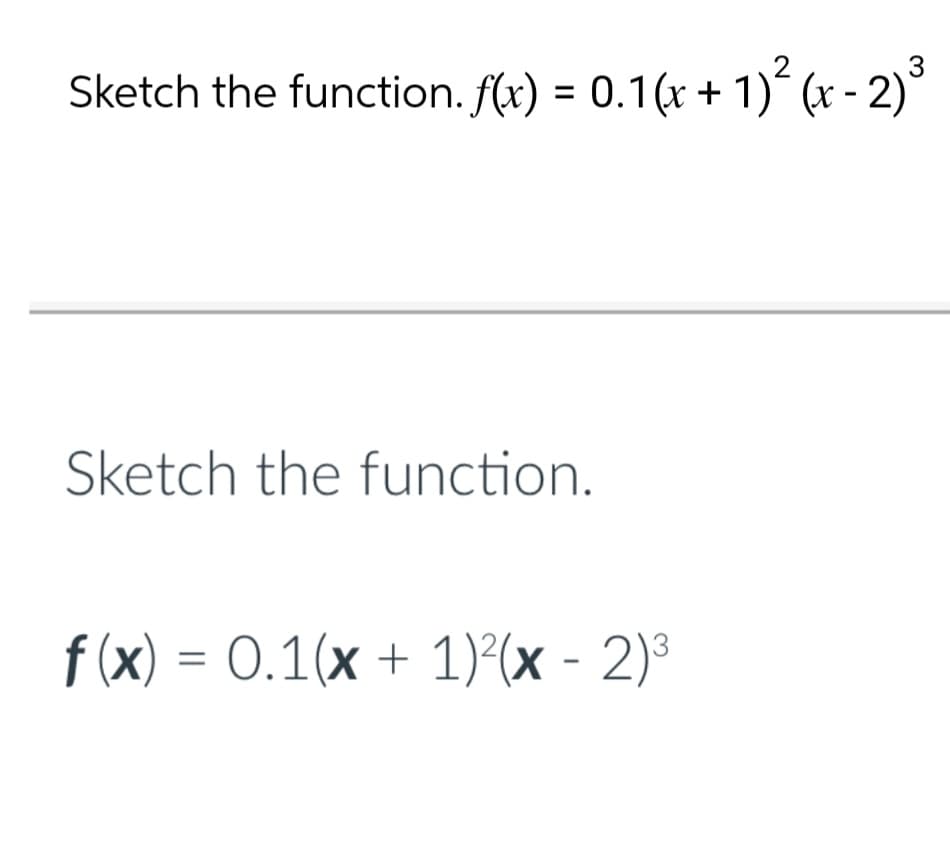 Sketch the function. f(x) = 0.1(x + 1)² (x-2) ³
Sketch the function.
f(x) = 0.1(x + 1)²(× - 2)³
