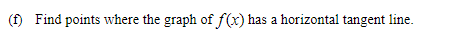 (f) Find points where the graph of f(x) has a horizontal tangent line.