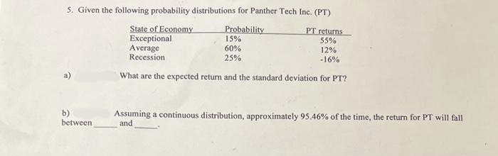 5. Given the following probability distributions for Panther Tech Inc. (PT)
Probability
15%
60%
25%
b)
between
PT returns
55%
Average
12%
Recession
-16%
What are the expected return and the standard deviation for PT?
State of Economy
Exceptional
Assuming a continuous distribution, approximately 95.46% of the time, the return for PT will fall
and