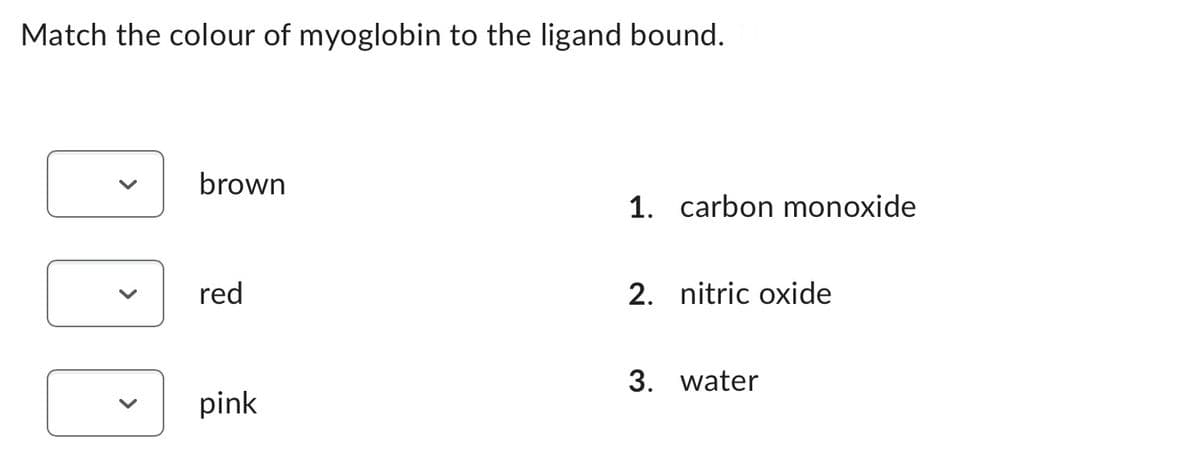 Match the colour of myoglobin to the ligand bound.
brown
red
pink
1. carbon monoxide
2. nitric oxide
3. water
