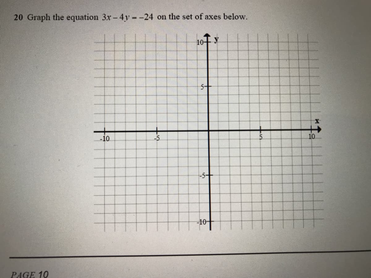 20 Graph the equation 3x- 4y--24 on the set of axes below.
10-
5+
-10
-5
-5+
PAGE 19
