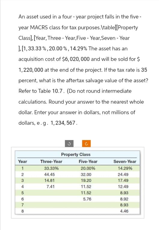 An asset used in a four-year project falls in the five-
year MACRS class for tax purposes.\table[[Property
Class], [Year, Three-Year, Five Year, Seven - Year
],[1,33.33%, 20.00 %, 14.29% The asset has an
acquisition cost of $6,020,000 and will be sold for $
1,220,000 at the end of the project. If the tax rate is 35
percent, what is the aftertax salvage value of the asset?
Refer to Table 10.7. (Do not round intermediate
calculations. Round your answer to the nearest whole
dollar. Enter your answer in dollars, not millions of
dollars, e. g. 1,234,567.
Property Class
Year
Three-Year
Five-Year
Seven-Year
1
33.33%
20.00%
14.29%
23
2
44.45
32.00
24.49
3
14.81
19.20
17.49
4
7.41
11.52
12.49
5
11.52
8.93
69
5.76
8.92
8.93
8
4.46