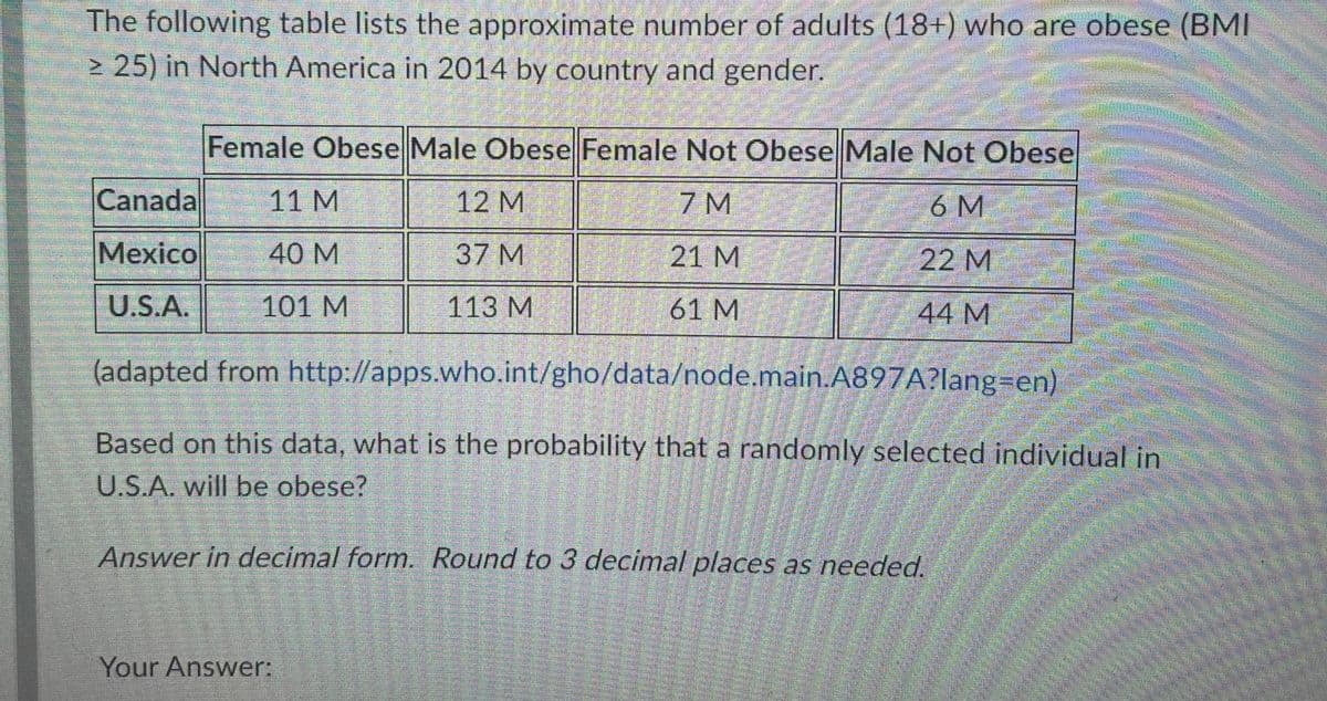 The following table lists the approximate number of adults (18+) who are obese (BMI
≥ 25) in North America in 2014 by country and gender.
Female Obese Male Obese Female Not Obese Male Not Obese
Canada
BEEBRE
11 M
12 M
7 M
6 M
Mexico
40 M
37 M
21 M
22 M
BINSEA
U.S.A.
101 M
113 M
61 M
44 M
(adapted from http://apps.who.int/gho/data/node.main.A897A?lang=en)
Based on this data, what is the probability that a randomly selected individual in
U.S.A. will be obese?
Answer in decimal form. Round to 3 decimal places as needed.
Your Answer: