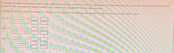 On January 22, Ireland Corporation issued for cash 34,000 shares of no-par common stock at $20. On February 14, Ireland issued at par value 8,000 shares of preferred 3% stock,
$50 par for cash. On August 30, Ireland issued for cash 13,000 shares of preferred 3% stock, $50 par at $56.
Journalize the entries to record the January 22, February 14, and August 30 transactions. If an amount box does not require an entry, leave it blank.
Jan. 22
Feb. 14
Aug. 30
000 00 00
0000 000
88