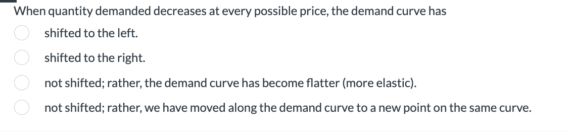 When quantity demanded decreases at every possible price, the demand curve has
shifted to the left.
shifted to the right.
not shifted; rather, the demand curve has become flatter (more elastic).
not shifted; rather, we have moved along the demand curve to a new point on the same curve.
OOOO