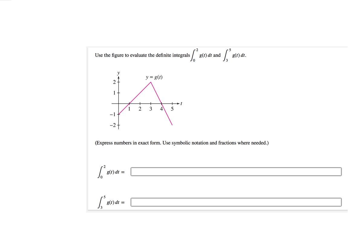 • 2
Use the figure to evaluate the definite integrals
g(t) dt and
g(t) dt.
y
y = g(t)
1
+
2
3
4
5
-1
-2+
(Express numbers in exact form. Use symbolic notation and fractions where needed.)
2
g(t) dt =
%D
g(t) dt =
