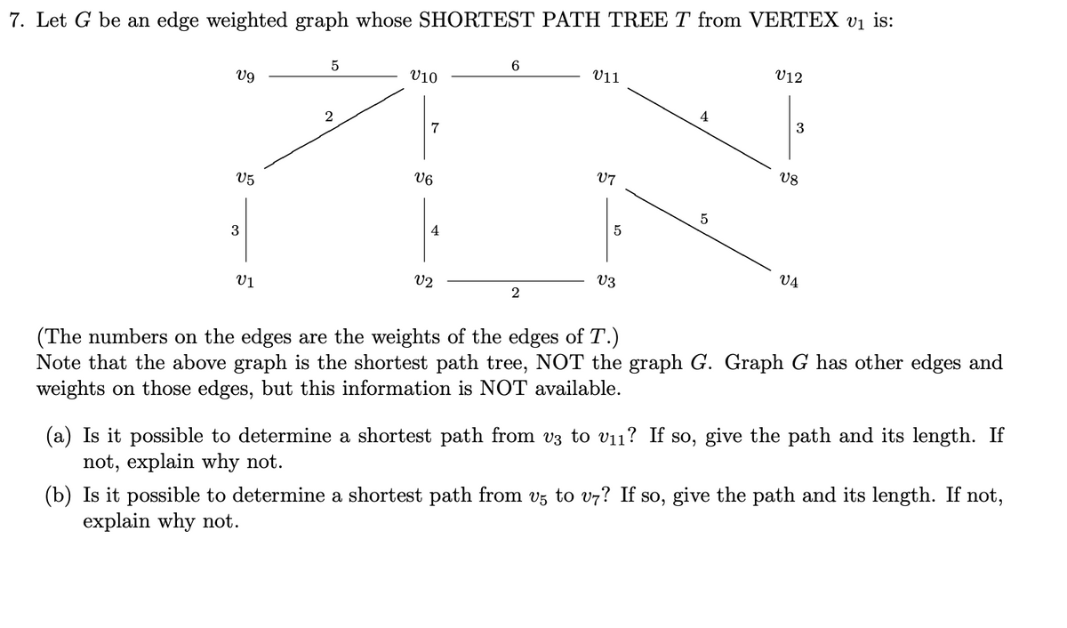7. Let G be an edge weighted graph whose SHORTEST PATH TREE T from VERTEX v₁ is:
V9
V5
3
V1
5
2
V10
7
V6
4
V2
6
2
V11
07
ง
5
V3
4
5
V12
3
V8
V4
(The numbers on the edges are the weights of the edges of T.)
Note that the above graph is the shortest path tree, NOT the graph G. Graph G has other edges and
weights on those edges, but this information is NOT available.
(a) Is it possible to determine a shortest path from v3 to v₁1? If so, give the path and its length. If
not, explain why not.
(b) Is it possible to determine a shortest path from v5 to v7? If so, give the path and its length. If not,
explain why not.