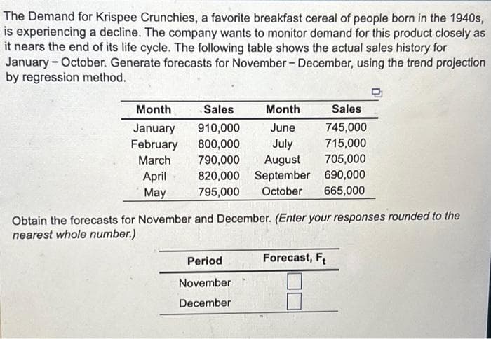 The Demand for Krispee Crunchies, a favorite breakfast cereal of people born in the 1940s,
is experiencing a decline. The company wants to monitor demand for this product closely as
it nears the end of its life cycle. The following table shows the actual sales history for
January - October. Generate forecasts for November - December, using the trend projection
by regression method.
Month
Sales
Month
Sales
January 910,000
June
745,000
February 800,000
July
715,000
March 790,000
August
705,000
April 820,000 September 690,000
795,000 October 665,000
May
Obtain the forecasts for November and December. (Enter your responses rounded to the
nearest whole number.)
Period
November
December
Forecast, Ft