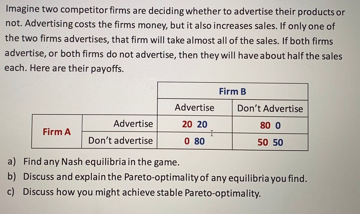 Imagine two competitor firms are deciding whether to advertise their products or
not. Advertising costs the firms money, but it also increases sales. If only one of
the two firms advertises, that firm will take almost all of the sales. If both firms
advertise, or both firms do not advertise, then they will have about half the sales
each. Here are their payoffs.
Firm A
Advertise
Don't advertise
Advertise
20 20
0 80
*
Firm B
Don't Advertise
80 0
50 50
a) Find any Nash equilibria in the game.
b) Discuss and explain the Pareto-optimality of any equilibria you find.
c) Discuss how you might achieve stable Pareto-optimality.