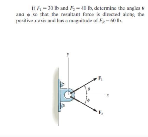 If F, = 30 lb and F2 = 40 lb, determine the angles #
ana o so that the resultant force is directed along the
positive x axis and has a magnitude of FR=60 lb.
F,
