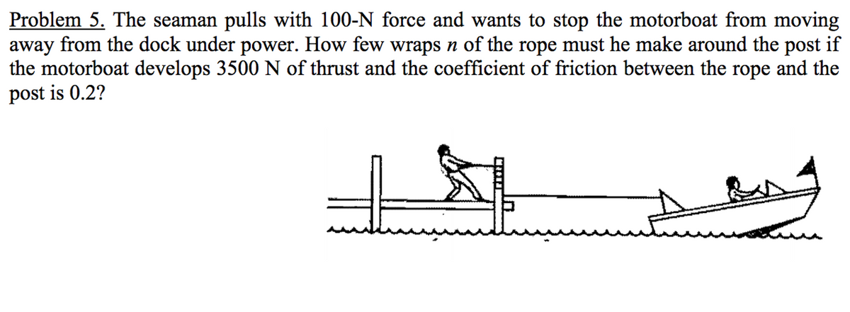 Problem 5. The seaman pulls with 100-N force and wants to stop the motorboat from moving
away from the dock under power. How few wraps n of the rope must he make around the post if
the motorboat develops 3500 N of thrust and the coefficient of friction between the rope and the
post is 0.2?
