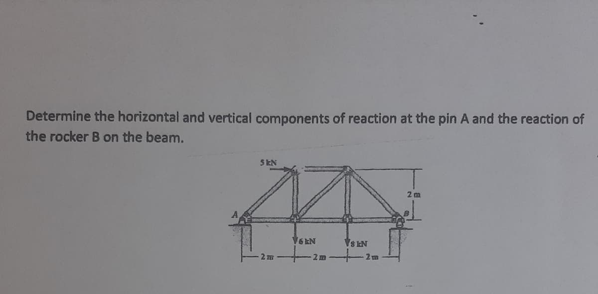 Determine the horizontal and vertical components of reaction at the pin A and the reaction of
the rocker B on the beam.
5 kN
V6 KN
V8 EN
2 m
2m
2m
