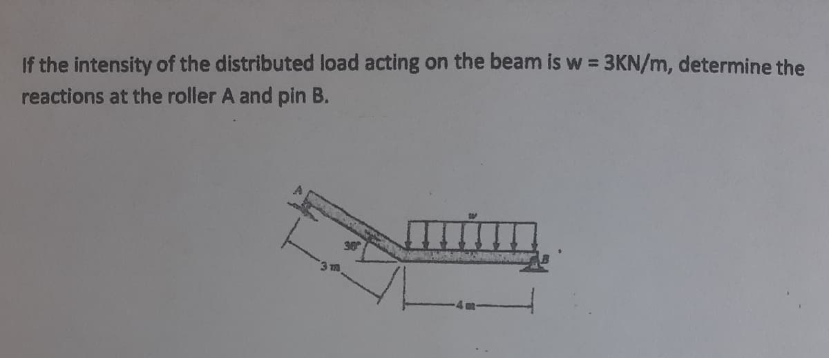 %3D
If the intensity of the distributed load acting on the beam is w = 3KN/m, determine the
reactions at the roller A and pin B.
3 TA
