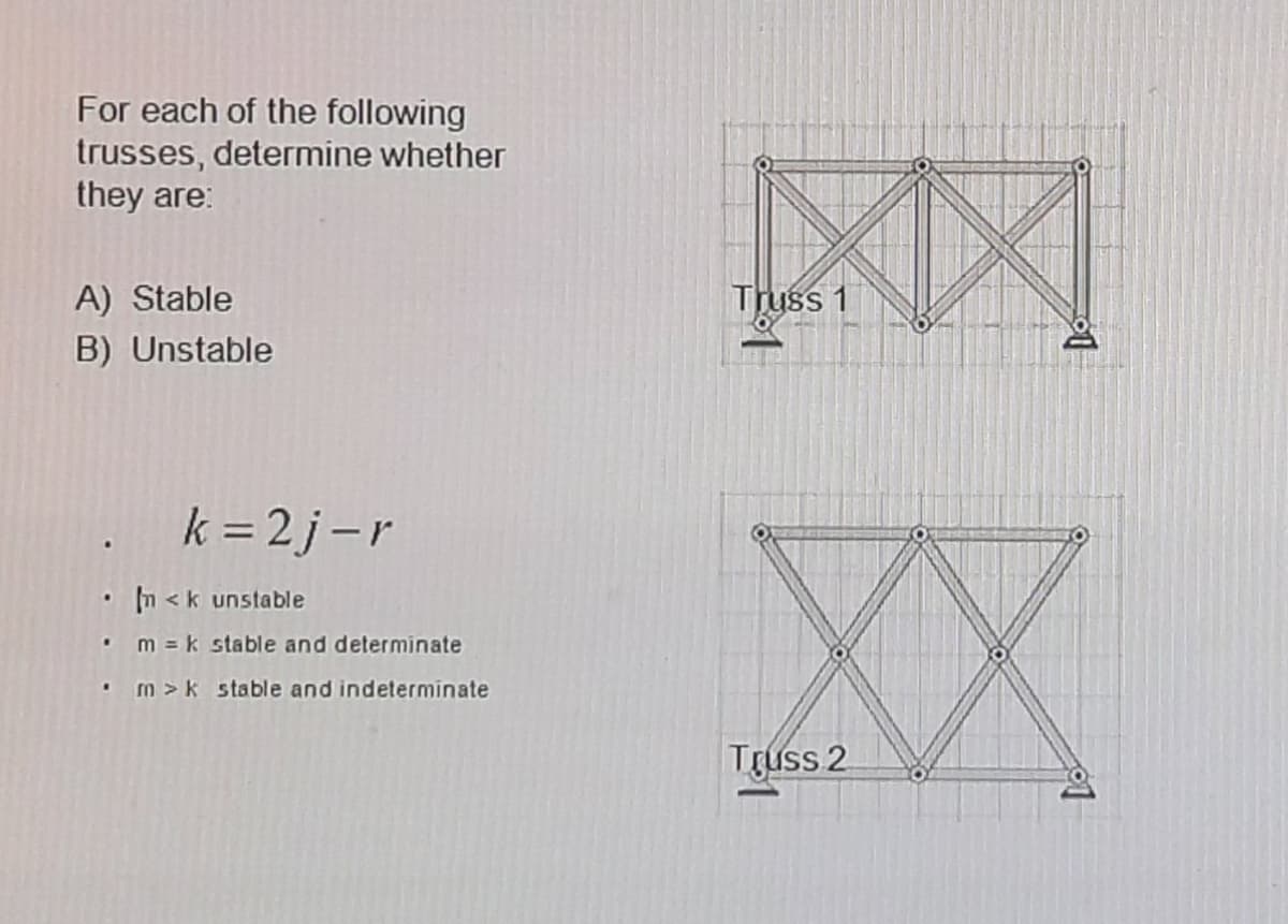 For each of the following
trusses, determine whether
they are:
网
A) Stable
Truss 1
B) Unstable
k = 2 j-r
XX
•3<k unstable
m = k stable and determinate
m>k stable and indeterminate
Tguss 2
