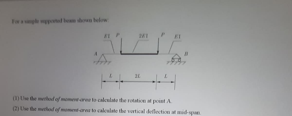 For a smple supported beam shown below:
EI P
2E1
PEI
B
2L
L.
(1) Use the method of moment-area to calculate the rotation at point A.
(2) Use the method of moment-area to calculate the vertical deflection at mid-span.
