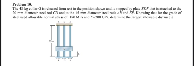 Problem 10:
The 48-kg collar G is released from rest in the position shown and is stopped by plate BDF that is attached to the
20-mm-diameter steel rod CD and to the 15-mm-diameter steel rods AB and EF. Knowing that for the grade of
steel used allowable normal stress of 180 MPa and E=200 GPa, determine the largest allowable distance h.
ACE
2.5m
С
D
B
F