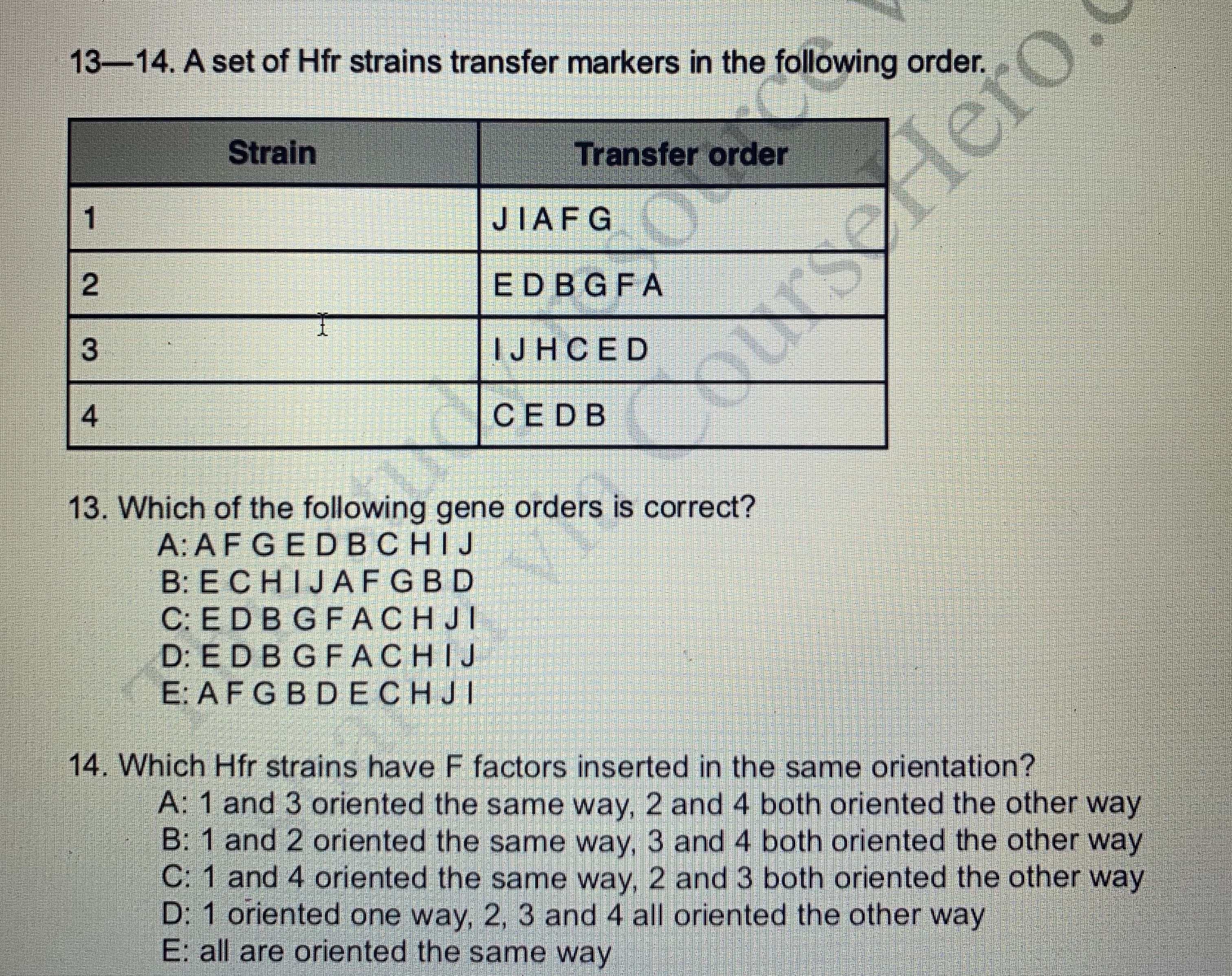 13-14. A set of Hfr strains transfer markers in the following order.
Strain
Transfer order
JIAF G
1
ED BGFA
IJH CE D
CED B
13. Which of the following gene orders is correct?
A: AFGEDBCHIJ
B: ECHIJAFGBD
C: E D B G FACH JI
D: E D B G FACHIJ
E: A F G BD ECHJI
14. Which Hfr strains have F factors inserted in the same orientation?
A: 1 and 3 oriented the same way, 2 and 4 both oriented the other way
B: 1 and 2 oriented the same way, 3 and 4 both oriented the other way
C: 1 and 4 oriented the same way, 2 and 3 both oriented the other way
D: 1 oriented one way, 2, 3 and 4 all oriented the other way
E: all are oriented the same way
2
UYSerlero
