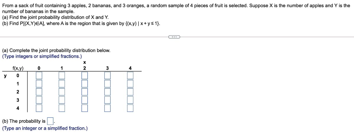 From a sack of fruit containing 3 apples, 2 bananas, and 3 oranges, a random sample of 4 pieces of fruit is selected. Suppose X is the number of apples and Y is the
number of bananas in the sample.
(a) Find the joint probability distribution of X and Y.
(b) Find P[(X,Y)EA], where A is the region that is given by {(x,y) | x+ys 1}.
(a) Complete the joint probability distribution below.
(Type integers or simplified fractions.)
f(x,y)
1
3
4
y
1
2
3
4
(b) The probability is
(Type an integer or a simplified fraction.)
