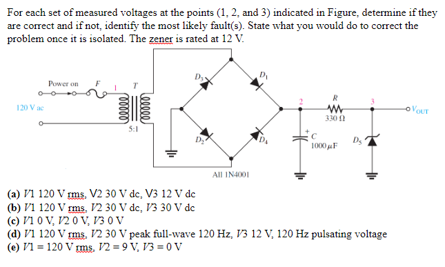 For each set of measured voltages at the points (1, 2, and 3) indicated in Figure, determine if they
are correct and if not, identify the most likely fault(s). State what you would do to correct the
problem once it is isolated. The zener is rated at 12 V.
120 V ac
Power on
ooooo
5:1
00000
+₁
(a) V1 120 V rms, V2 30 V dc, V3 12 V dc
(b) V1 120 V rms. V2 30 V dc, V3 30 V dc
(c) V10 V, 120 V, V30 V
All IN4001
D₁
DA
R
www
3.30 Ω
с
1000 με
D₂
(d) V1 120 V rms. V2 30 V peak full-wave 120 Hz, V3 12 V, 120 Hz pulsating voltage
(e) V1 = 120 V rms. 129 V₂ V3 = 0 V
-OVOUT