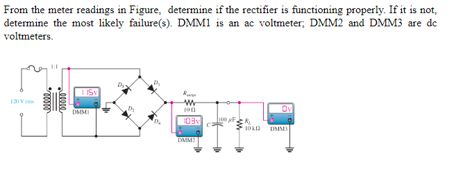 From the meter readings in Figure, determine if the rectifier is functioning properly. If it is not,
determine the most likely failure(s). DMM1 is an ac voltmeter; DMM2 and DMM3 are dc
voltmeters.
120 Vrms
1:1
reeeee
115v
DMMI
D₂
D₂
Ra
W
100
103v
DMM2
100 HFR₂
th
10 k
Dy
DMM3