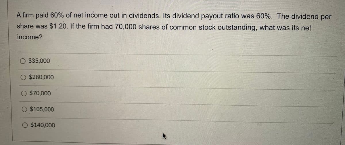 A firm paid 60% of net income out in dividends. Its dividend payout ratio was 60%. The dividend per
share was $1.20. If the firm had 70,000 shares of common stock outstanding, what was its net
income?
O $35,000
O $280,000
O $70,000
O $105,000
O $140,000
